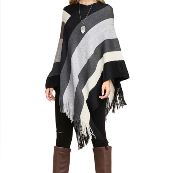 Black and Gray Striped Poncho - Picture 2 of 2